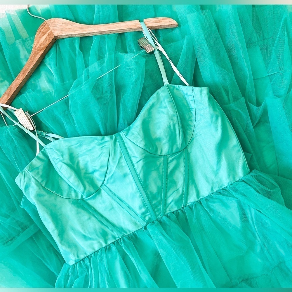 Rule the Runway Teal Green Tulle Bustier Tiered Maxi Dress - Picture 2 of 11